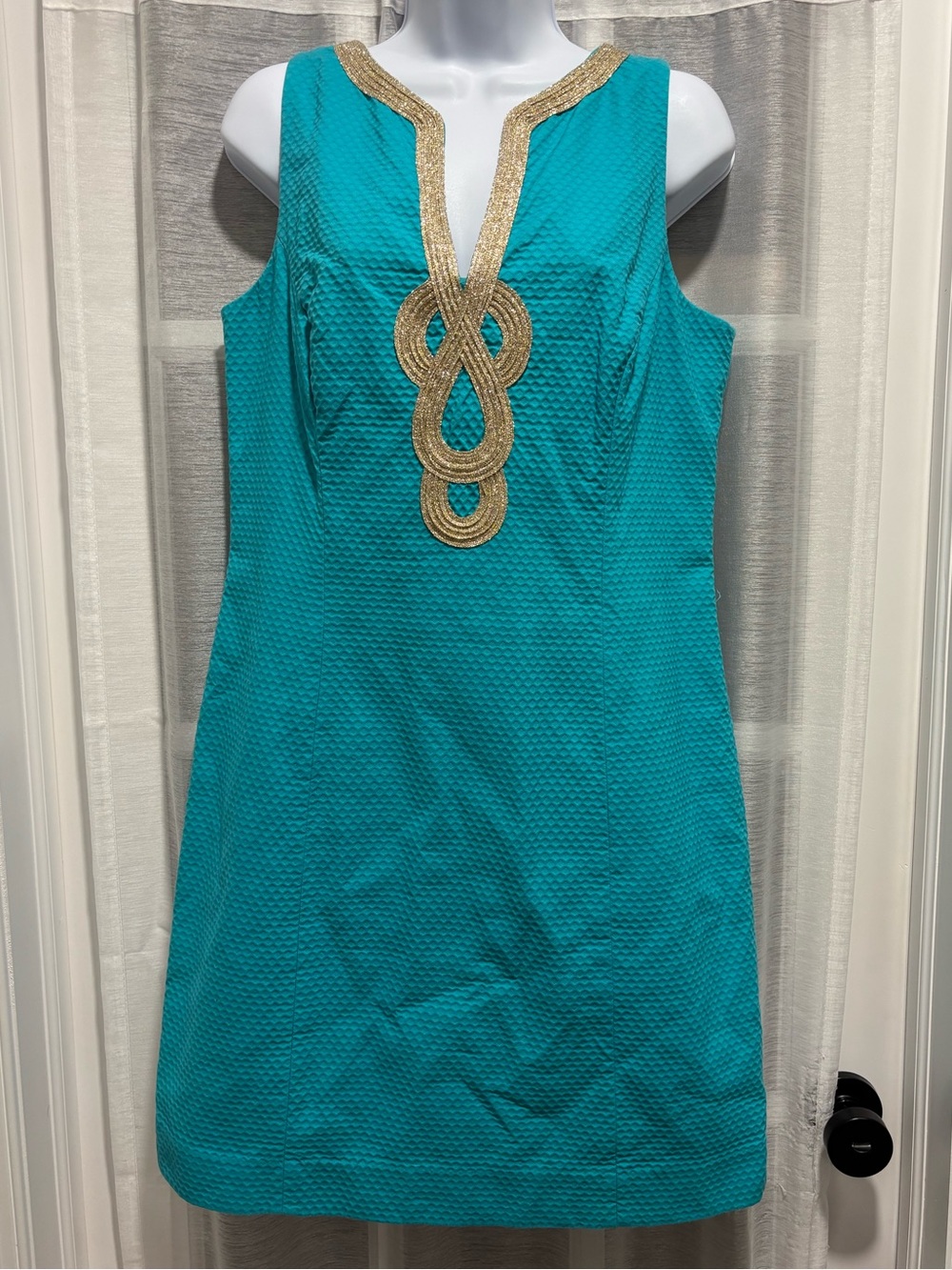 Lilly Pulitzer Janice Shift Dress Turquoise Aqua Gold Rope Trim Cotton Size 12